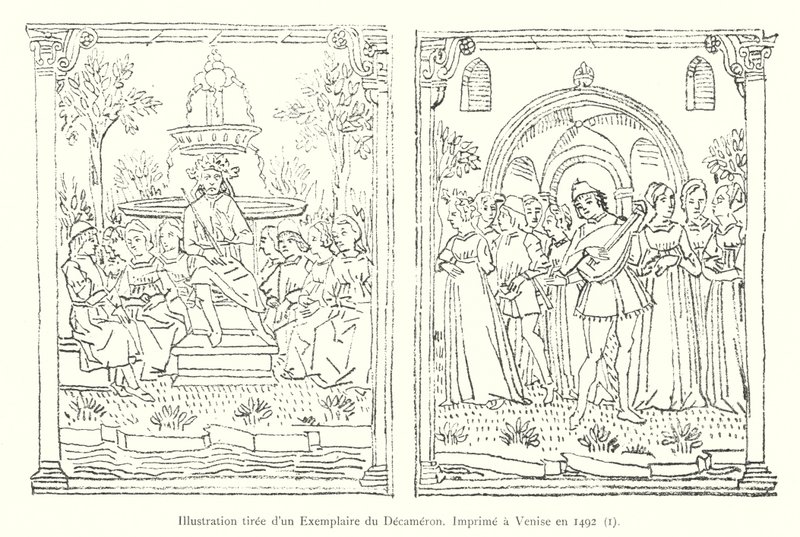 Illusztráció az 1492-ben Velencében nyomtatott Dekameron másolatából, I (metszet) alkotó: Italian School
