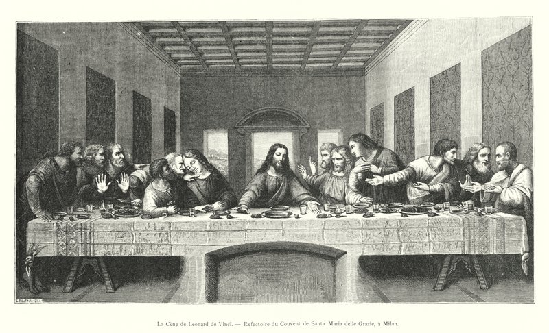 Leonardo da Vinci, a milánói Santa Maria delle Grazie kolostor refektóriuma, az utolsó vacsora (metszet) alkotó: Italian School