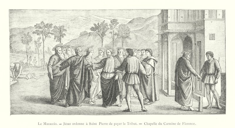 Masaccio, Jézus megparancsolja Szent Péternek, hogy fizessen tiszteletet, Carmine kápolna Firenzében (metszet) alkotó: Italian School