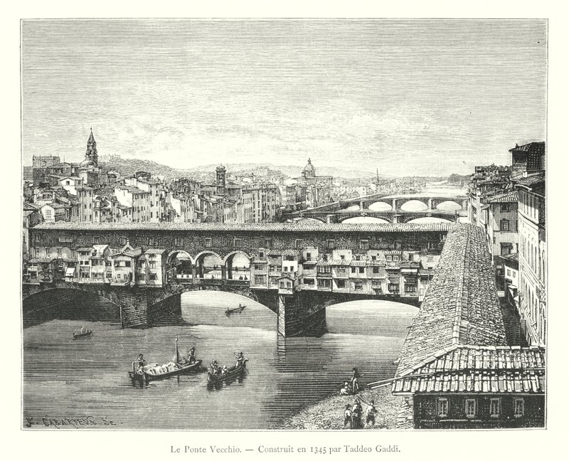Le Ponte Vecchio, Construit en 1345 par Taddeo Gaddi (metszet) alkotó: Italian School