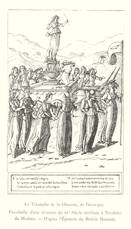 A tisztaság diadala, Petrarcha, Nicoletto da Modenának tulajdonított 15. századi metszet fakszimile, a British Museum nyomat után (metszet) alkotó: Italian School
