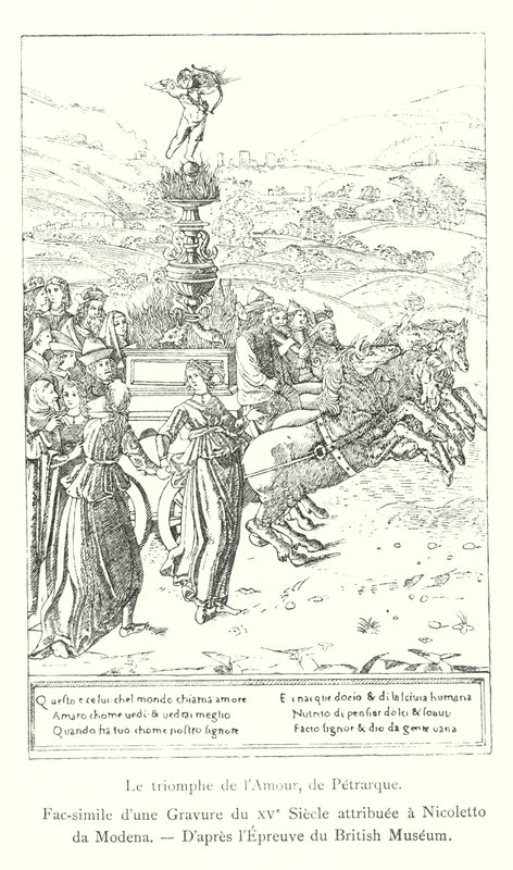 A szerelem diadala, Petrarcha, Nicoletto da Modenának tulajdonított 15. századi metszet fakszimile, a British Museum nyomat után (metszet) alkotó: Italian School