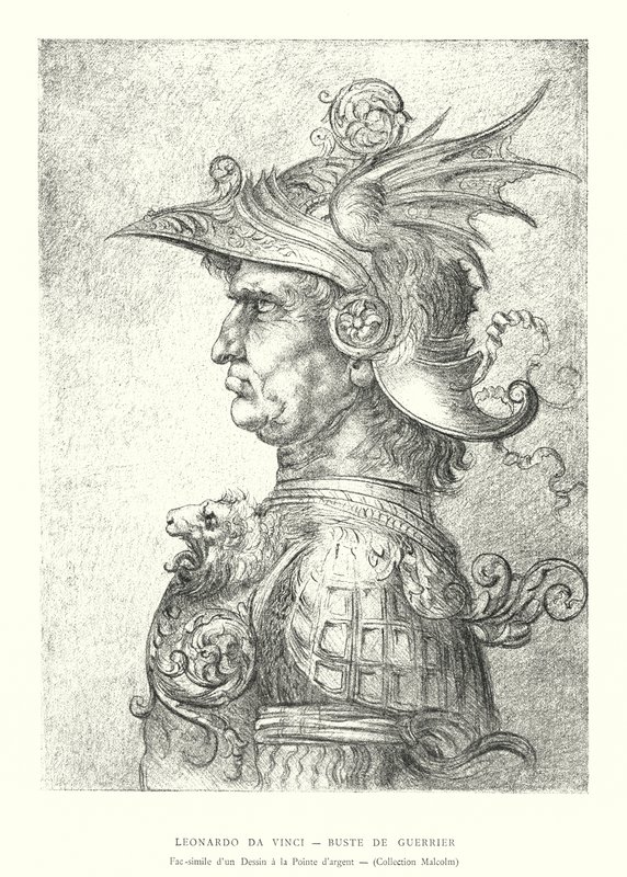Leonardo da Vinci, Egy harcos mellszobra, egy ezüstpontos rajz fakszimile, Malcolm-gyűjtemény (metszet) alkotó: Italian School