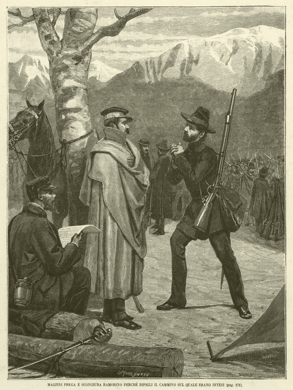 Mazzini imádkozik és rábírja Ramorinót, hogy folytassa azt az utat, amelyre szánták (metszet) alkotó: Italian School