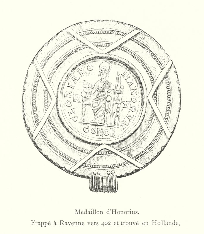 Honorius-érem, 402 körül Ravennában verték, és Hollandiában találták (metszet) alkotó: Italian School
