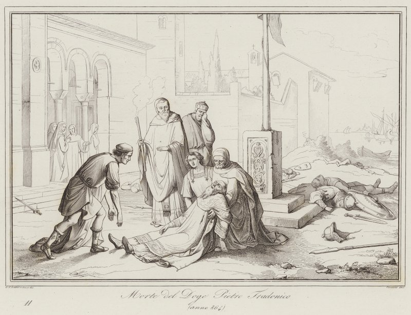 Pietro Tradonico dózse halála, 864 (metszet) alkotó: Italian School