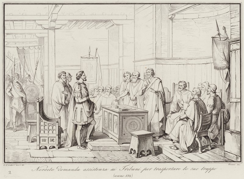 Nersete a Tribunes segítségét kéri csapatai szállításához, 552 (metszet) alkotó: Italian School