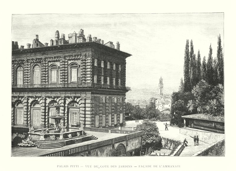 Pitti-palota, Kilátás a kertek oldaláról, Az Ammanati homlokzata (metszet) alkotó: Italian School