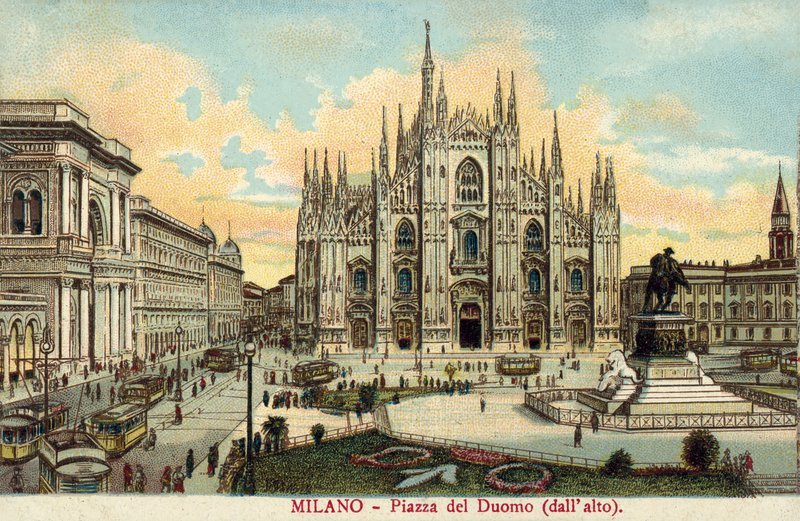 Piazza del Duomo, Milánó (színes litográfia) alkotó: Italian School