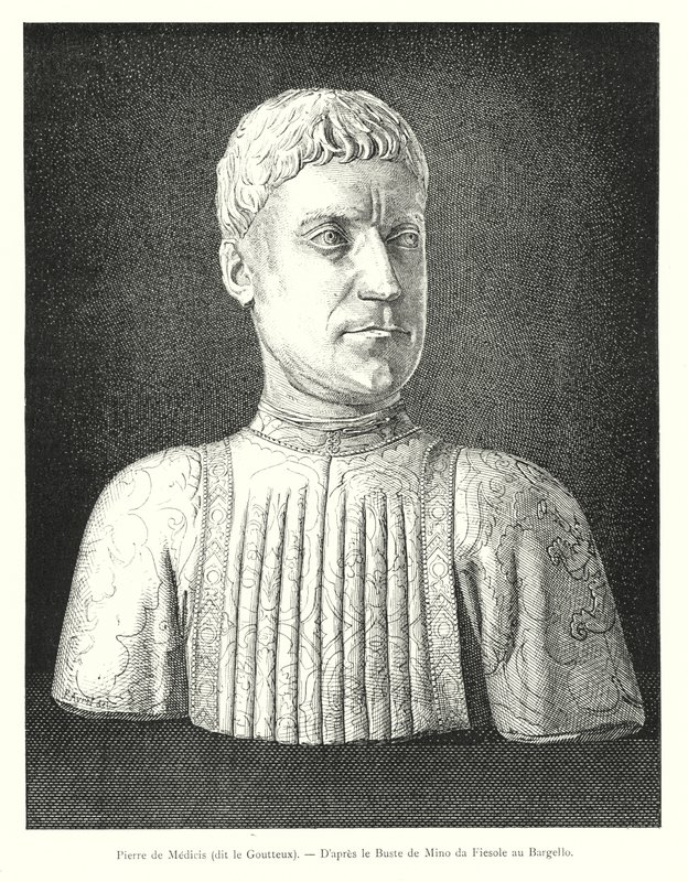 Pierre de Medici, akit Köszvénynek hívnak, Mino da Fiesole mellszobra után a Bargellónál (metszet) alkotó: Italian School
