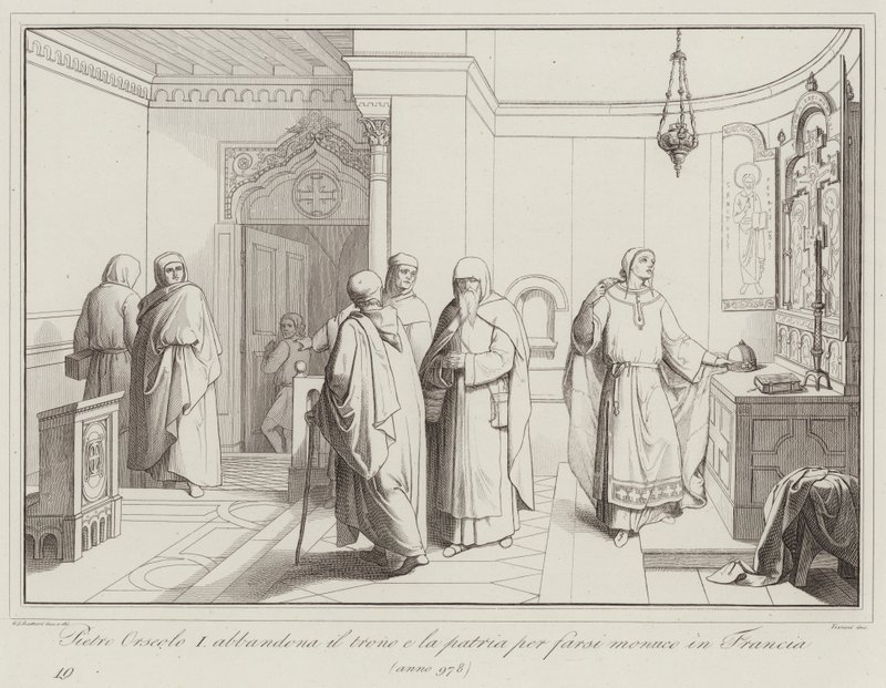 Pietro Orseolo I. elhagyja trónját és hazáját, hogy szerzetes legyen Franciaországban, 978 (metszet) alkotó: Italian School