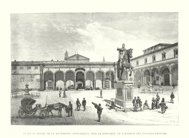 A Santissima Annunziata tér és templom, a Hospice des Enfants-Trouves portikuszával (metszet) alkotó: Italian School