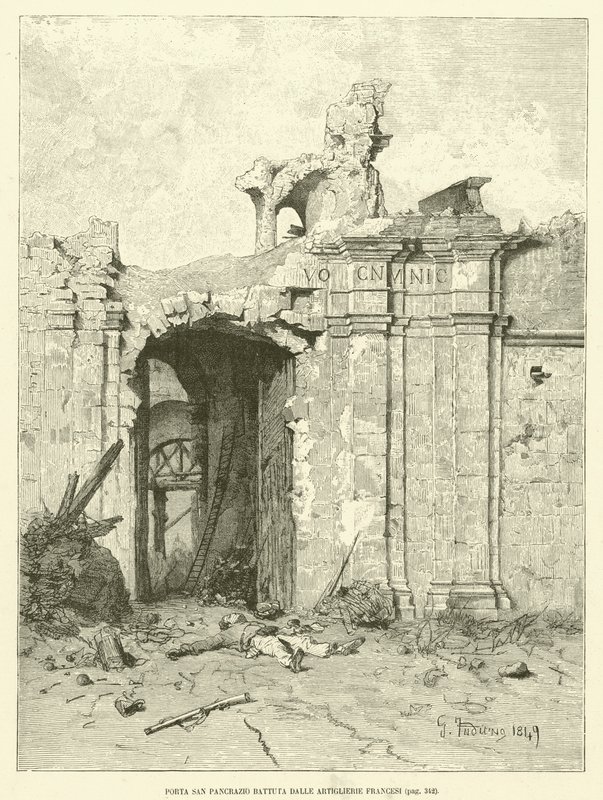 A Porta San Pancraziót megverte a francia tüzérség (metszet) alkotó: Italian School