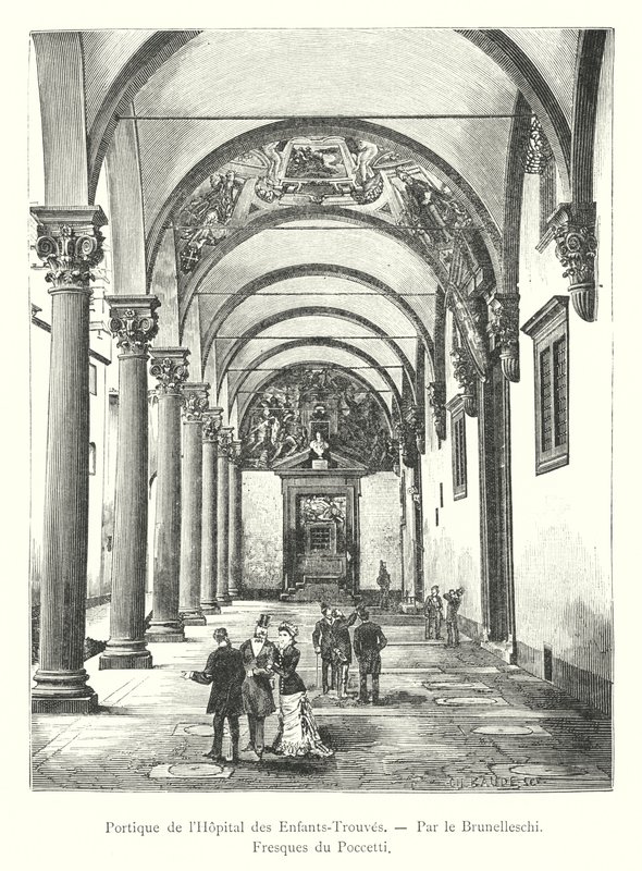 A Foundling Kórház portikusa, Brunelleschi, Poccetti freskói (metszet) alkotó: Italian School
