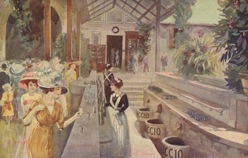 Nők a Tettuccio kocsmában, Bagni di Montecatini (színes litográfia) képeslap alkotó: Italian School