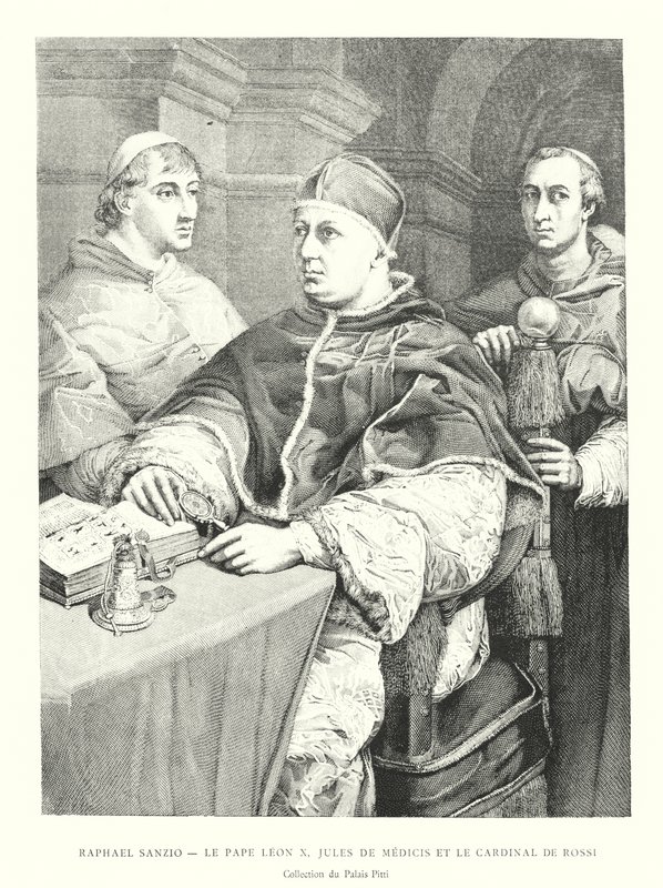 Raphael Sanzio, Le Pape Leon X, Jules de Medici és de Rossi bíboros, Collection du Palais Pitti (metszet) alkotó: Italian School