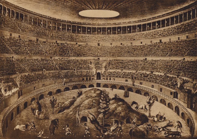 Roma / Róma: A Colosseum belseje, A vásári vadászat, történelmi rekonstrukció (litográfia) alkotó: Italian School