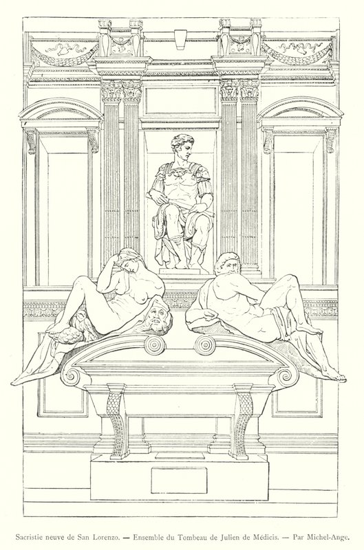 San Lorenzo új sekrestyéje, Giuliano de Medici sírjának együttese, Michelangelo (metszet) alkotó: Italian School