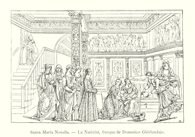 Santa Maria Novella, La Nativite, Domenico Ghirlandajo freskója (metszet) alkotó: Italian School