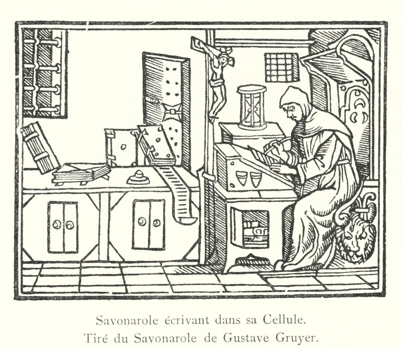Savonarola írás a cellájában, Gustave Gruyer Savonarolából (metszet) alkotó: Italian School