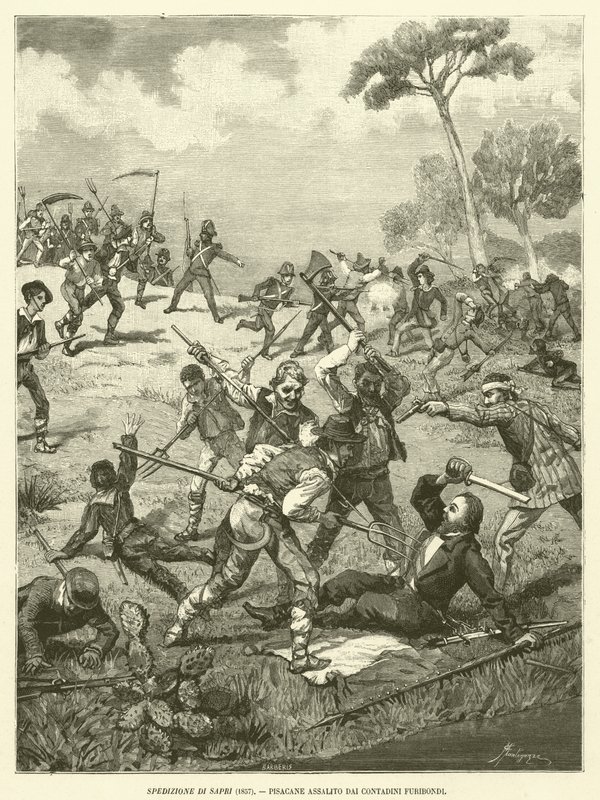 Sapri-expedíció (1857), Pisacane dühös parasztok által megtámadva (metszet) alkotó: Italian School
