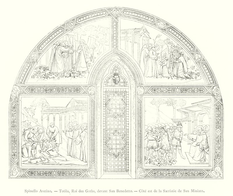 Spinello Aretino, Totila, Roi des Goths, Devant San Benedetto, Cote est de la Sacristie de San Miniato (metszet) alkotó: Italian School