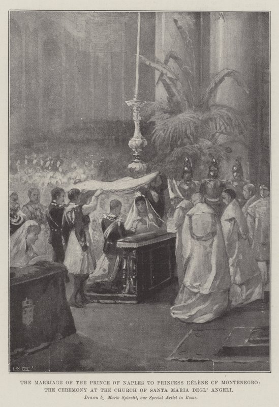 A nápolyi herceg házassága Helene montenegrói hercegnővel, szertartás a Santa Maria Degl