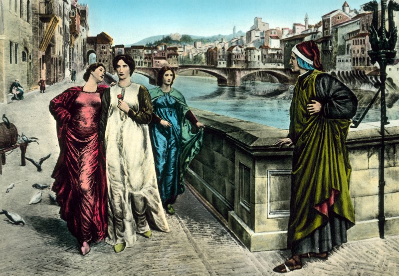 Dante és Beatrice találkozása (színes litó) alkotó: Italian School