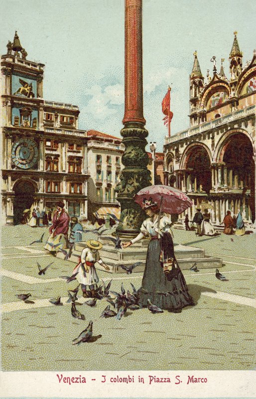 Velence, Olaszország, oszlopok a Piazza San Marco téren (színes lithó) alkotó: Italian School