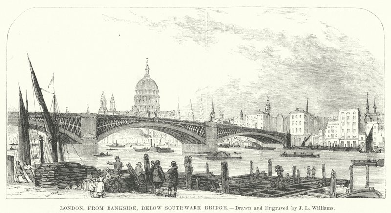 London, Bankside felől, a Southwark Bridge alatt (metszet) alkotó: J.L. (after) Williams