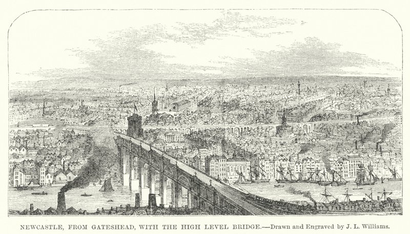Newcastle, Gatesheadből, a High Level Bridge-vel (metszet) alkotó: J.L. (after) Williams
