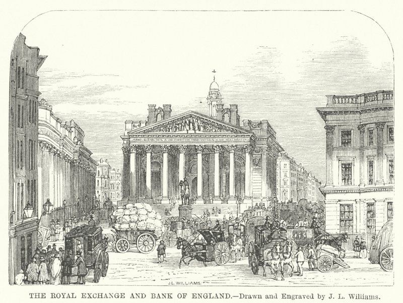 A Royal Exchange és a Bank of England (metszet) alkotó: J.L. (after) Williams