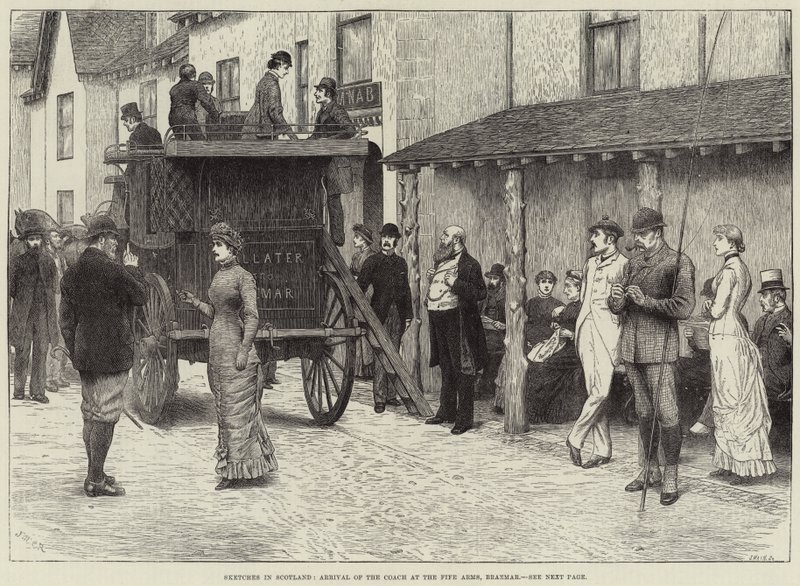 Vázlatok Skóciában, az edző érkezése a Fife Arms-ba, Braemar alkotó: J.M.L. Ralston
