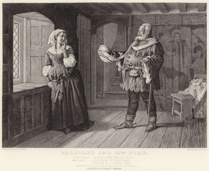 Falstaff és Mrs Ford, Windsor víg asszonyai, III. felvonás, III. jelenet alkotó: J.M.L. Ralston