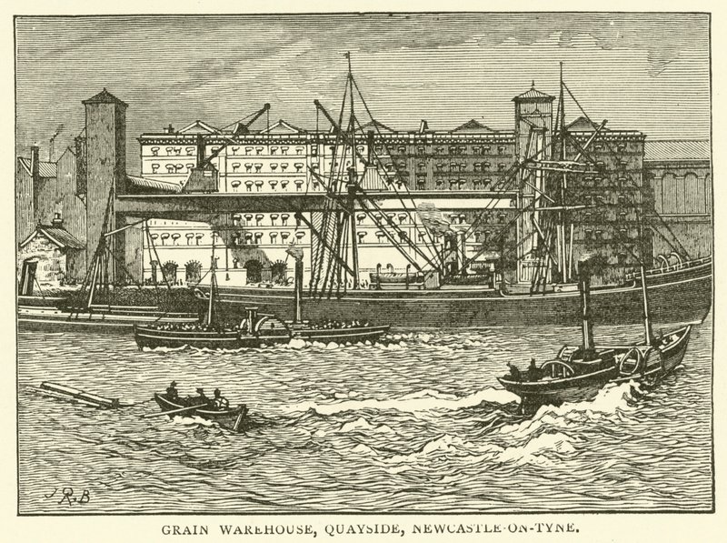 Gabonaraktár, Quayside, Newcastle-on-Tyne (metszet) alkotó: J.R. Brown