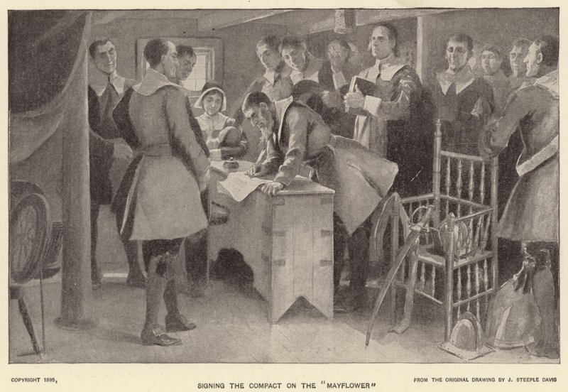 A megállapodás aláírása a "Mayflower"-en (litho) alkotó: J. (after) Steeple Davis