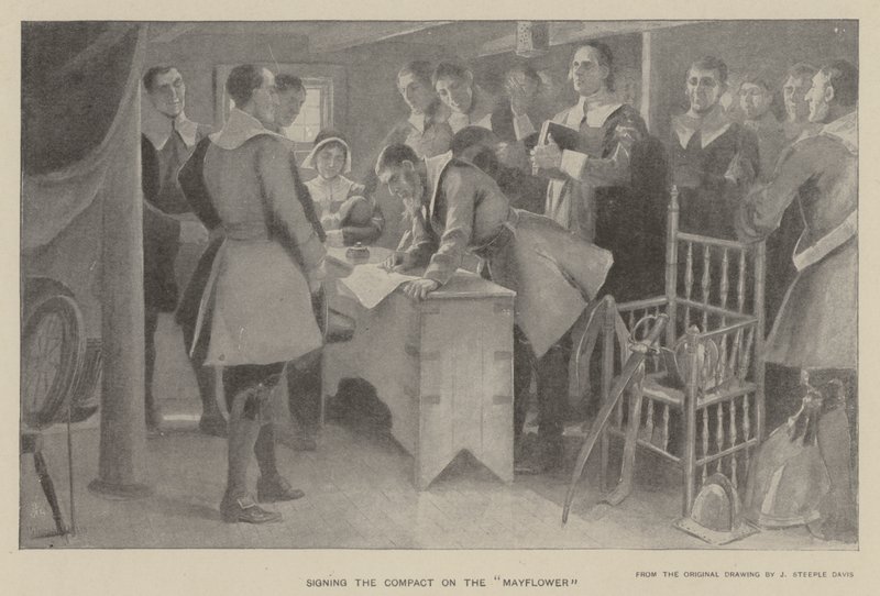 A kompakt aláírása a "Mayflower"-en (litho) alkotó: J. (after) Steeple Davis