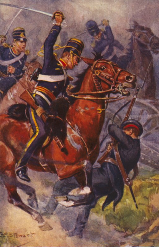 A 4. huszár brit katonái (könnyű dandár) a balaclavai csatában, a krími háborúban alkotó: J. A. Stewart