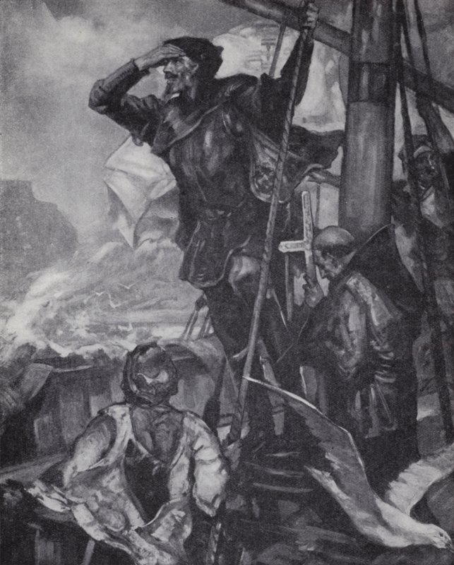 Vasco da Gama portugál felfedező megpillantja a Jóreménység-fokot Indiába vezető útja során. alkotó: J. H. Amschewitz