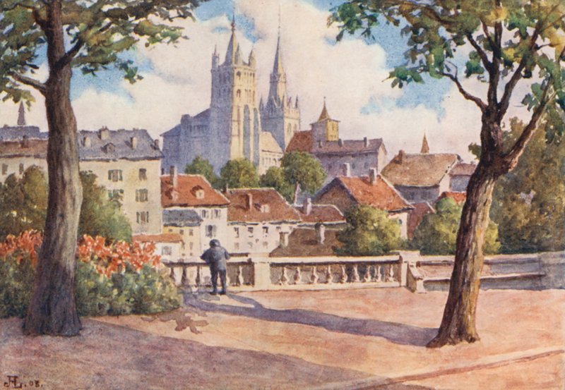Lausanne-i katedrális a Montbenon felől (színes litográfia) alkotó: J. Hardwicke Lewis