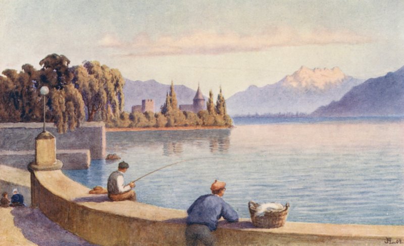 A Dents du Midi és La Tour az "Entre deux Villes" című filmből (színes litográfia) alkotó: J. Hardwicke Lewis