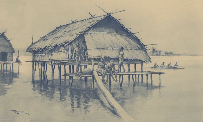 Új-Guinea tengeri faluja (litho) alkotó: J. Macfarlane