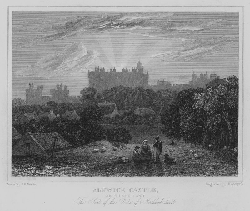 Alnwick kastély, Northumberland, Northumberland hercegének székhelye (metszet) alkotó: John Preston Neale