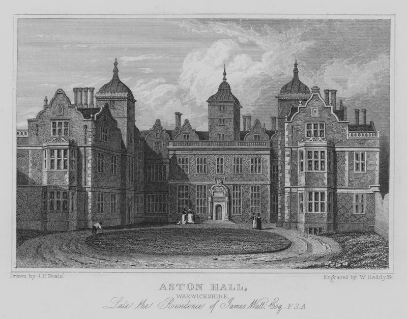Aston Hall, Warwickshire, James Watt késői rezidenciája, Esquire, FSA (metszet) alkotó: John Preston Neale