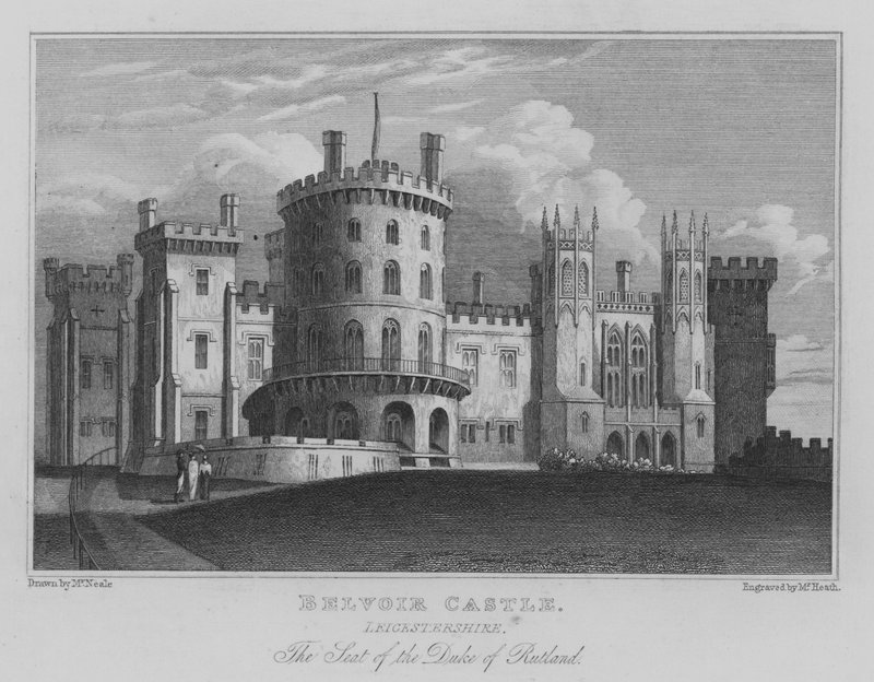 Belvoir kastély, Leicestershire; Rutland hercegének székhelye (metszet) alkotó: John Preston Neale