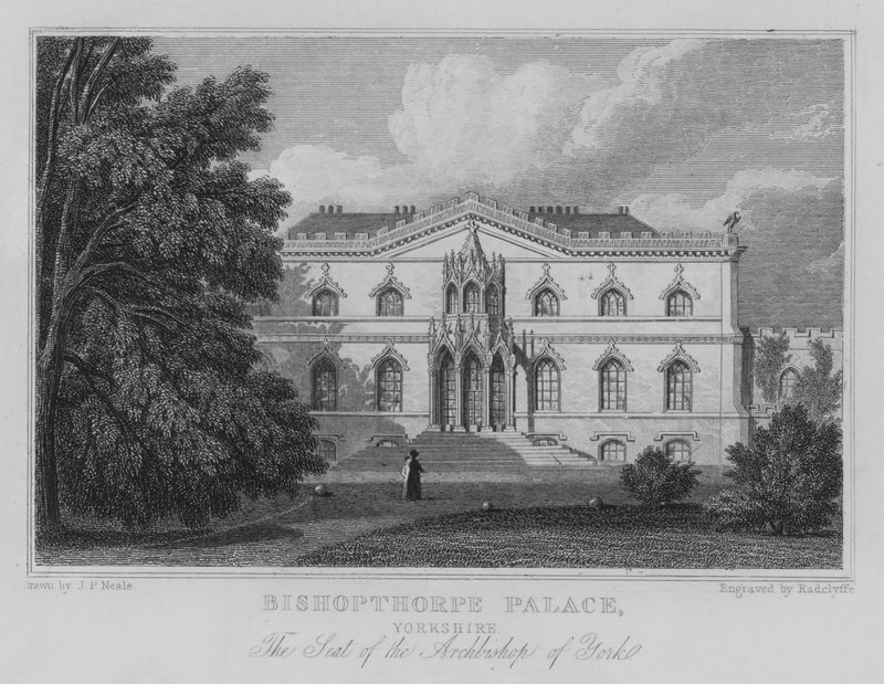 Bishopthorpe-palota, Yorkshire, York-i érsek székhelye (metszet) alkotó: John Preston Neale