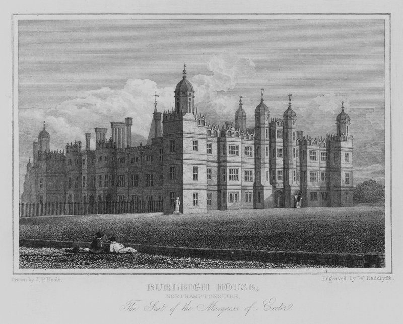 Burleigh House, Northamptonshire, Exeter márki székhelye (metszet) alkotó: John Preston Neale