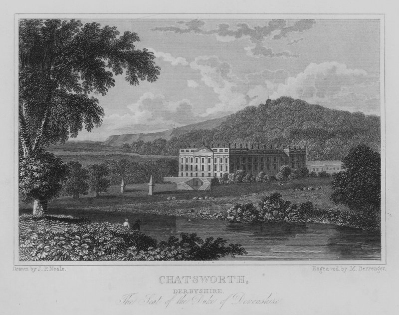 Chatsworth, Derbyshire, Devonshire hercegének székhelye (metszet) alkotó: John Preston Neale