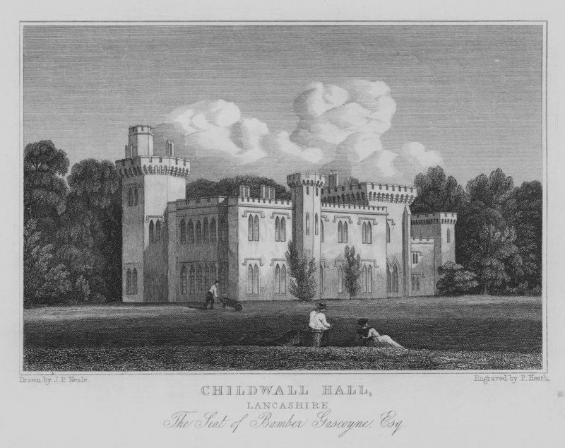 Childwall Hall, Lancashire, Bamber Gascoyne székhelye, Esquire (metszet) alkotó: John Preston Neale