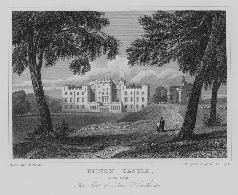 Hilton Castle, Durham, Lord Strathmore székhelye (metszet) alkotó: John Preston Neale